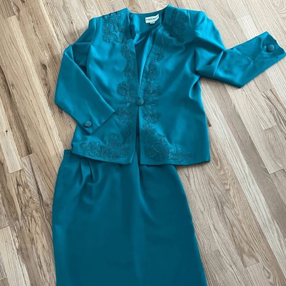 vtg 80s John Meyer of Norwich women's jacket skirt set size green teal 12 rayon - Picture 13 of 13